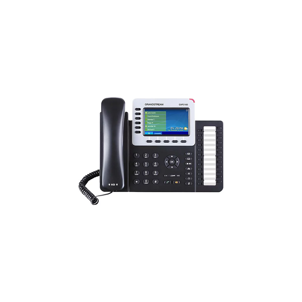 Schwarzes IP-Telefon mit Display, Tasten und HÃ¶rer.