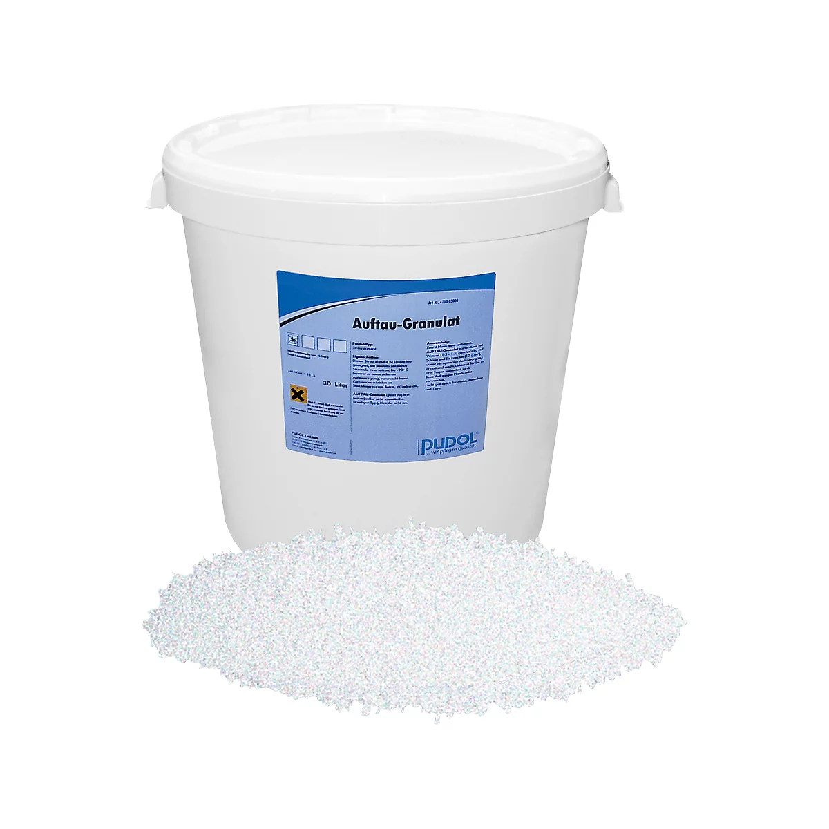 Seau de granulés de déverglaçage. Autocollants bleus avec texte et logo. Granulés devant.