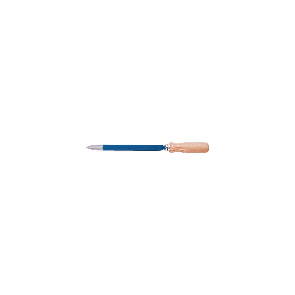 Une lime avec une poignée en bois, une tige bleue et une pointe argentée.