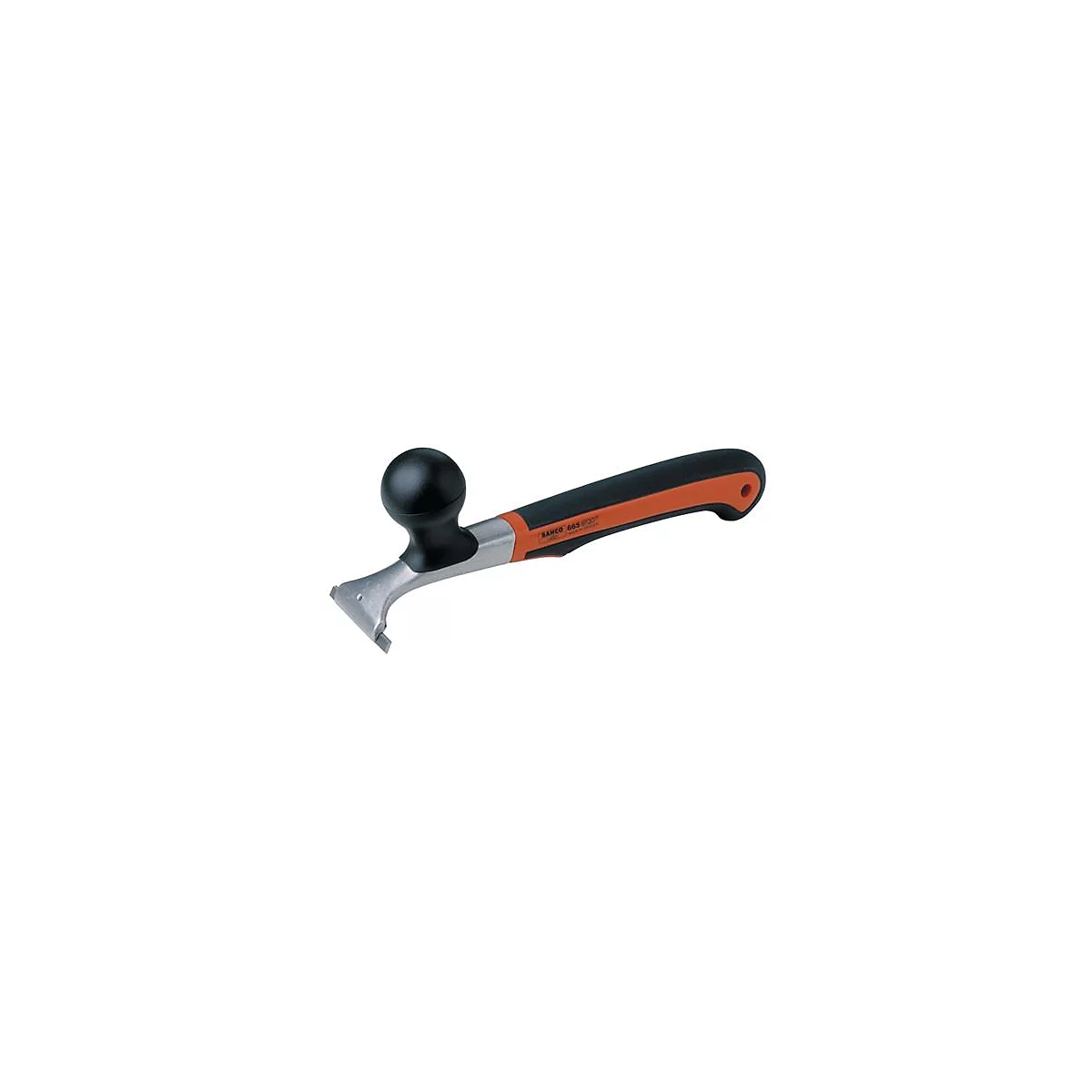 Un grattoir avec une poignée noire et un insert orange. Sur le grattoir se trouve un bouton noir et une lame argentée.