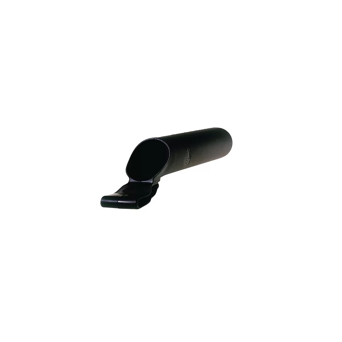 Support en plastique noir et cylindrique avec ouverture inclinée et clip.