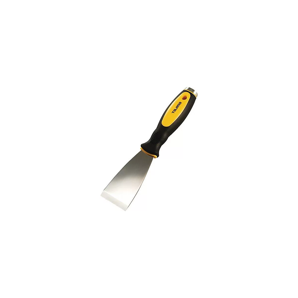 Spatule avec manche jaune et noir et lame argentée. Le manche porte l'inscription 'Tajima'.