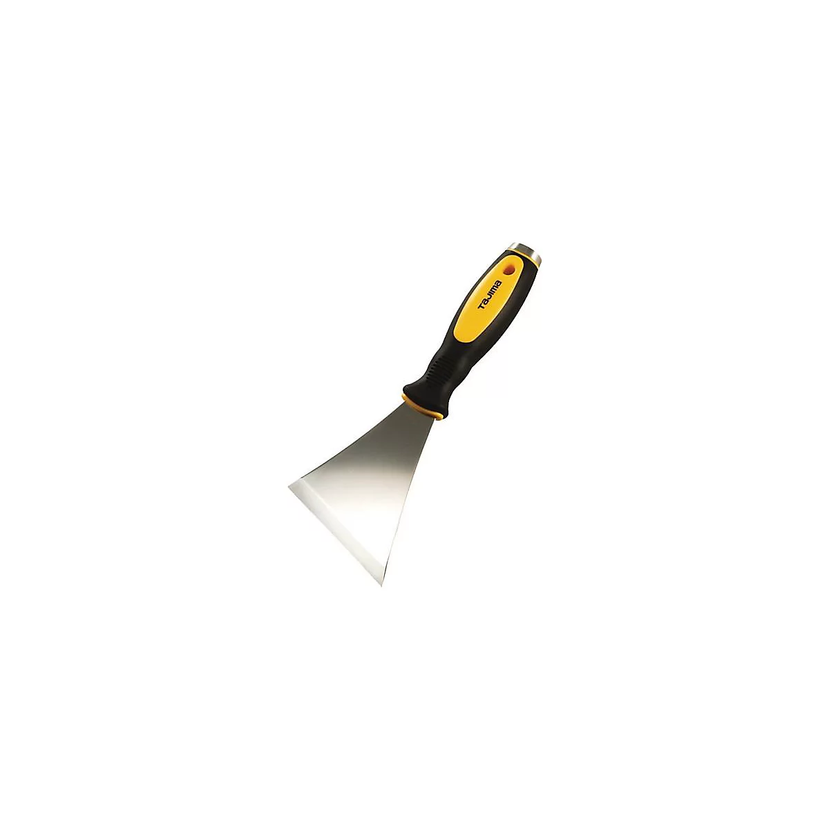 Un couteau à mastic avec une poignée jaune et noire et une lame argentée. "Tajima" est écrit sur la poignée.