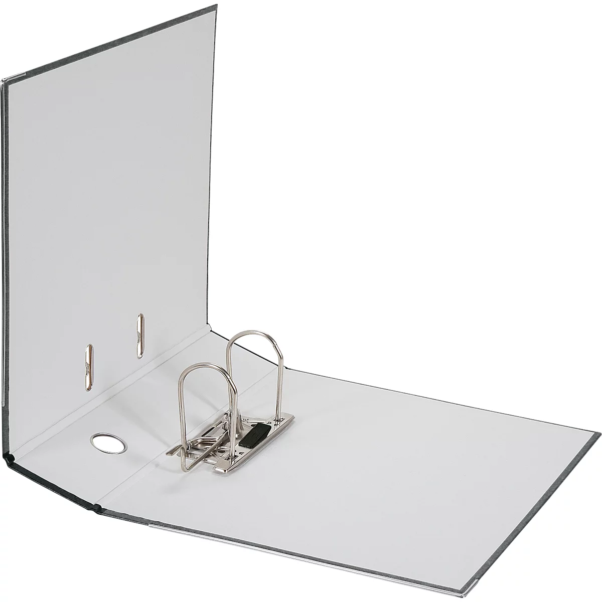 White binder, open. Metal brackets for filing. Three holes on the left side.