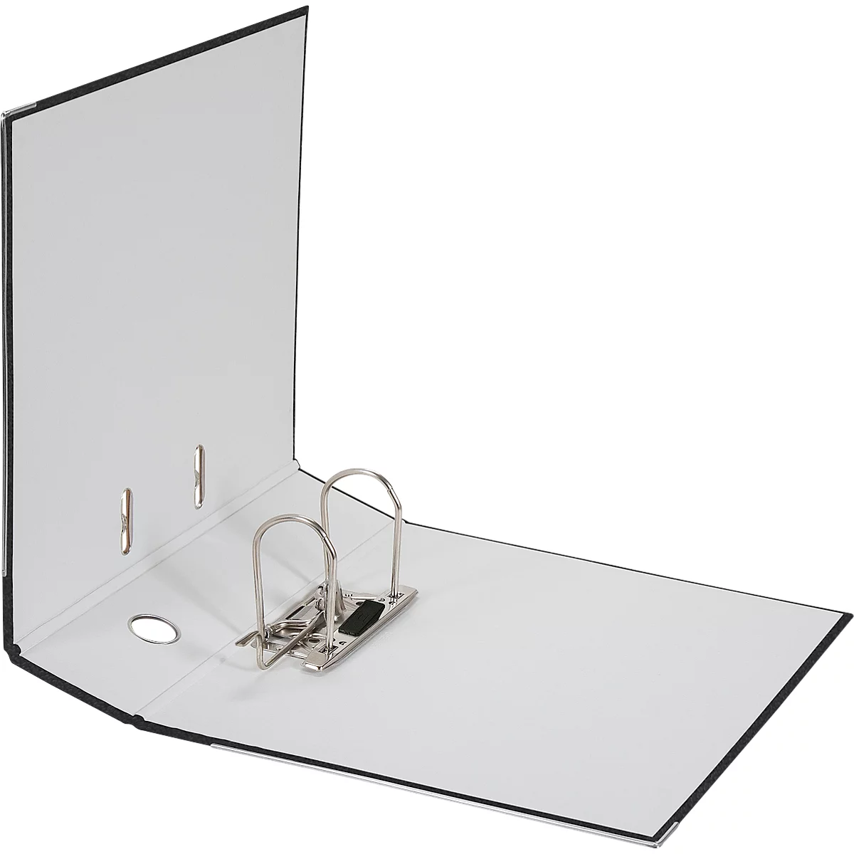Open binder with white paper and silver metal mechanism.