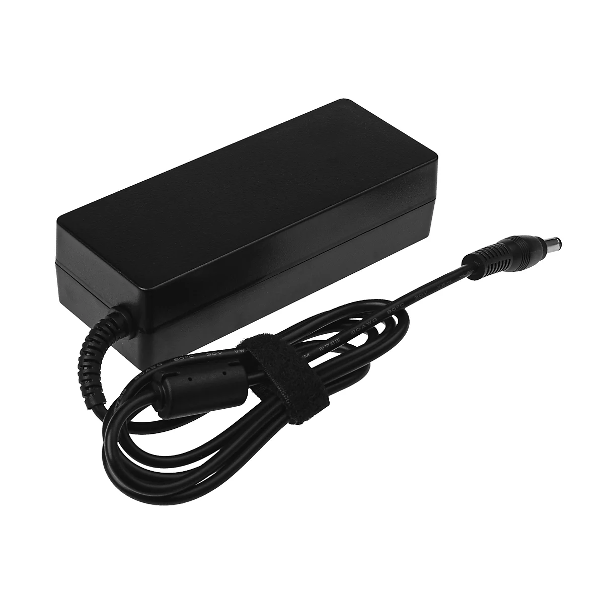 Schwarzes Laptop-Netzteil, rechteckig, mit Kabel und Klettverschluss.
