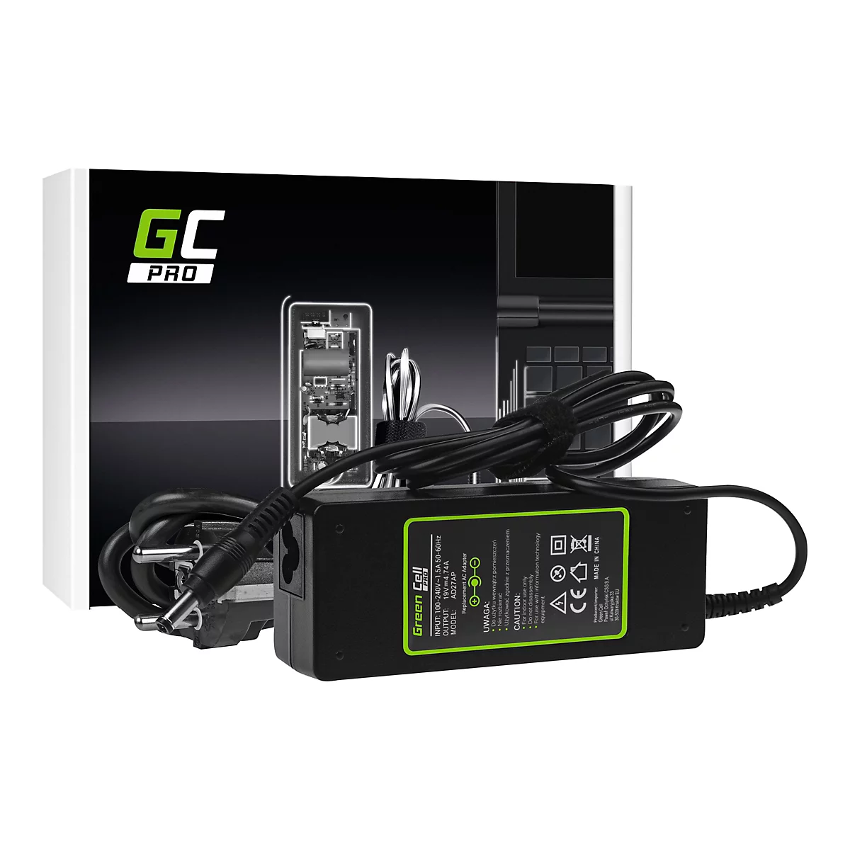 Schwarzes Netzteil mit grÃ¼nem Rahmen, daneben die Produktverpackung. Aufschrift: GC Pro.