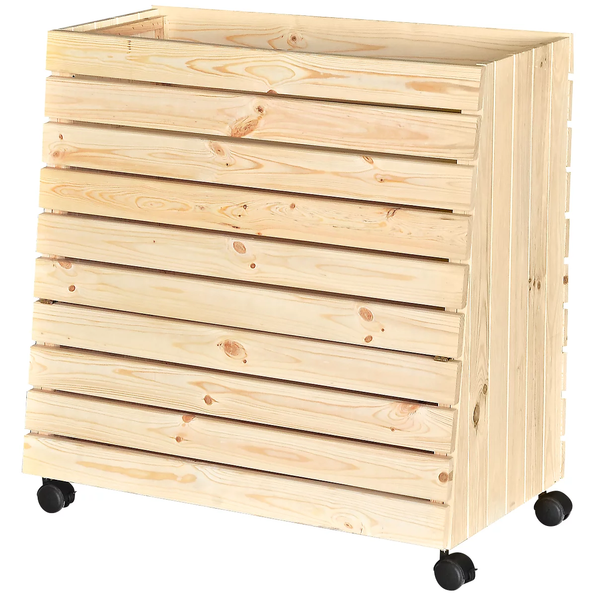 Een rechthoekige houten kist met wielen. De zijkanten bestaan uit horizontaal geplaatste houten latten, waardoor een kleine opening ontstaat.