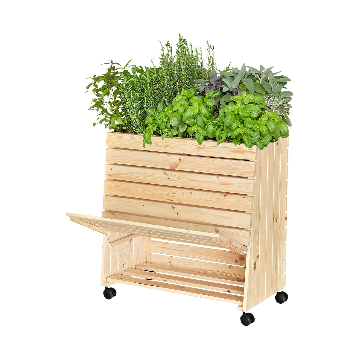 Houten kist met kruiden, open klep en wielen. Verschillende kruiden zoals basilicum en rozemarijn zijn geplant.