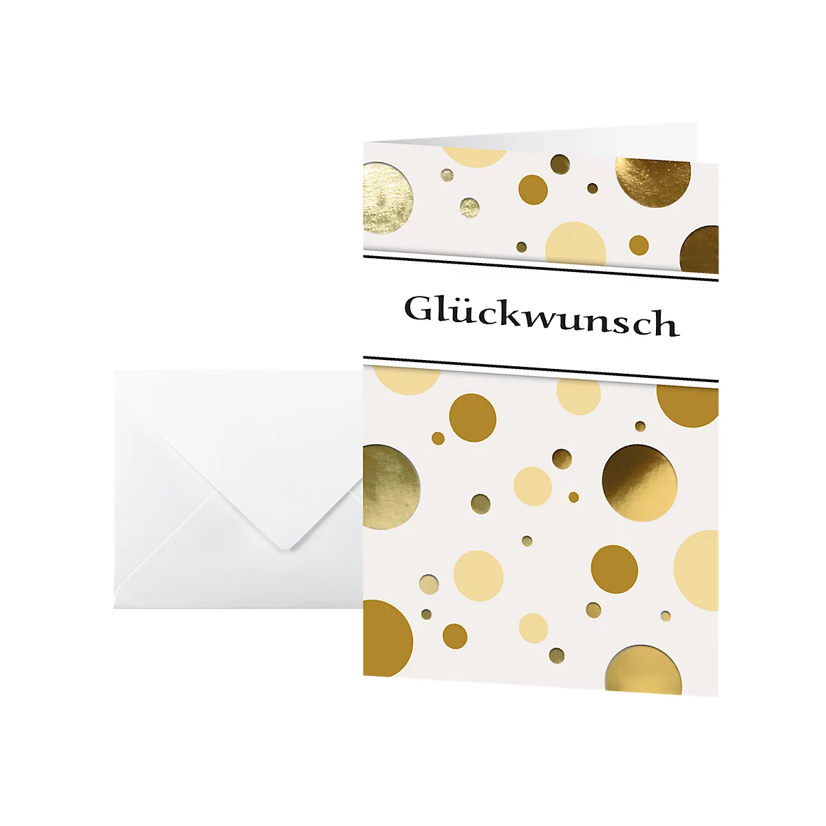 Card with gold dots and "Congratulations" lettering. Next to it a white envelope.