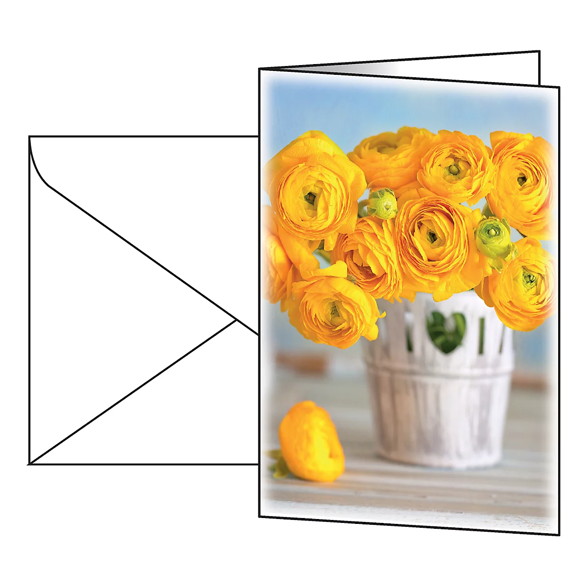 Yellow flowers in white bucket on greeting card, with envelope.
