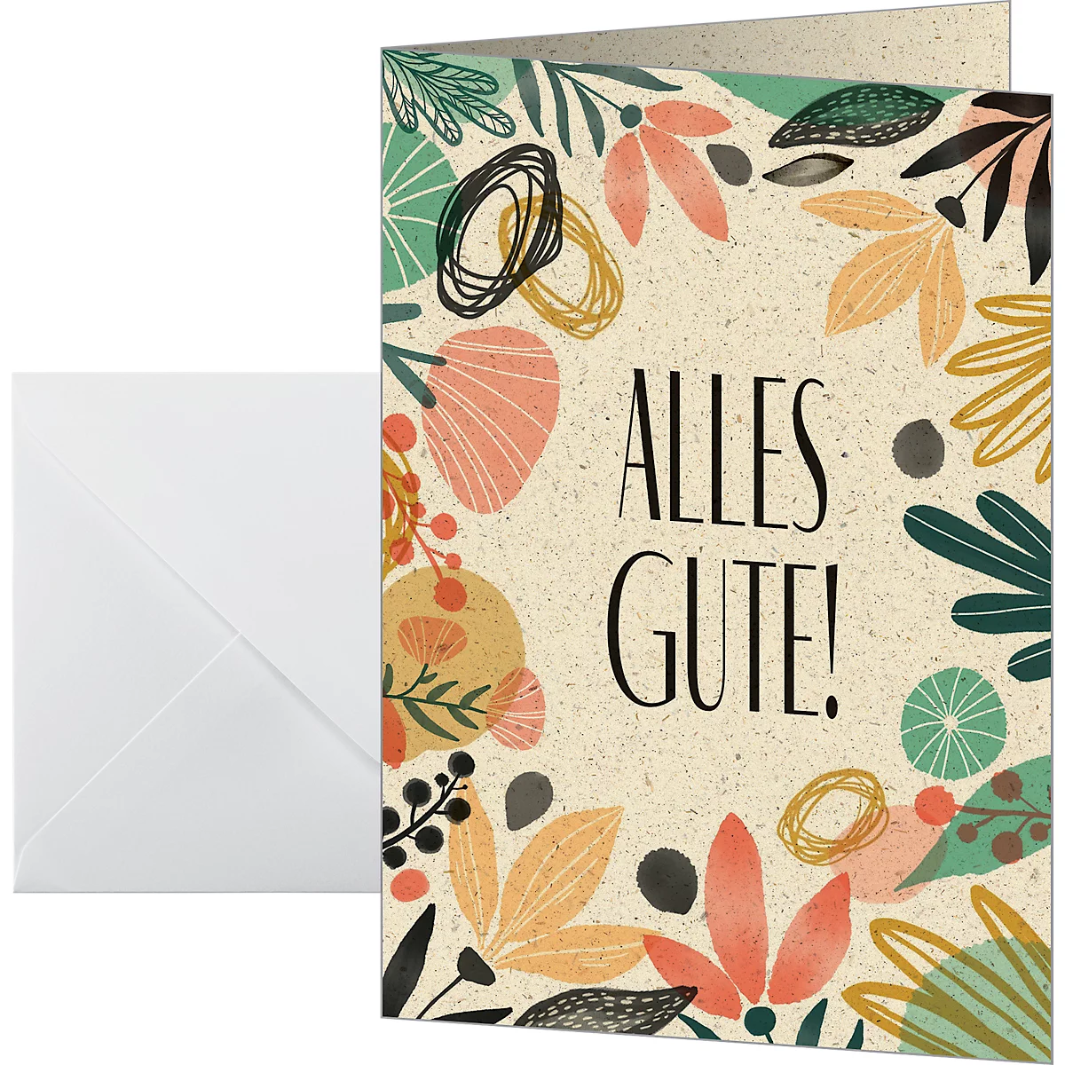 Greeting card with floral decor and the text Alles Gute! (All the best!). Beside a white envelope.