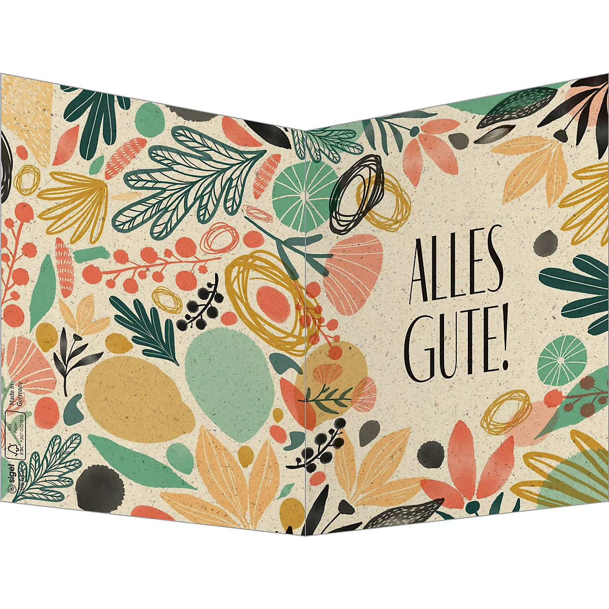 An open greeting card with a floral pattern. In the middle is "ALLES GUTE!" in black letters.