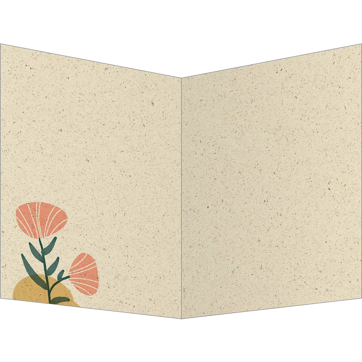 Beige, opened paper with floral decoration. Two pink flowers with green leaves and yellow background.