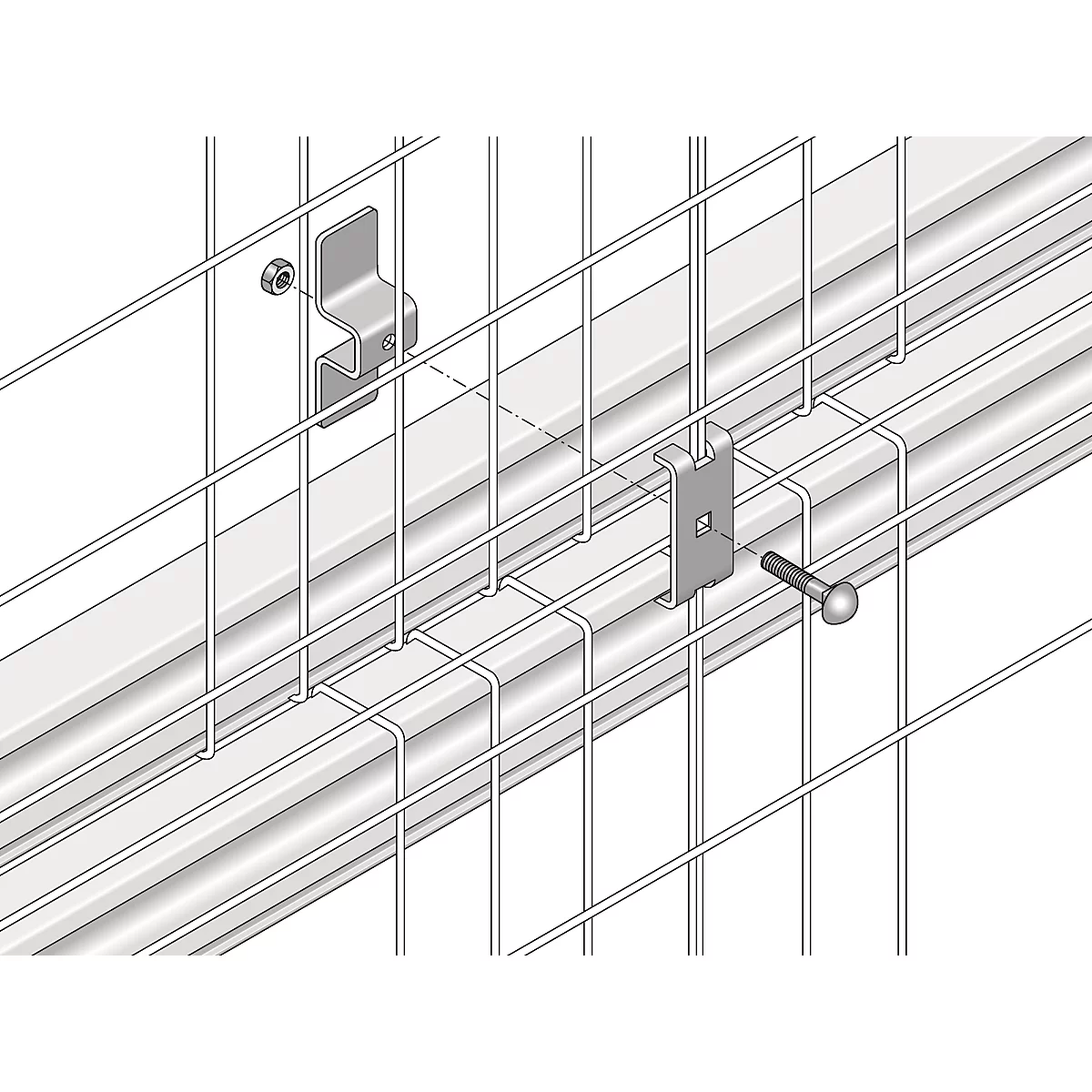 Detailed view of a metal fence construction with mounting brackets and screws.