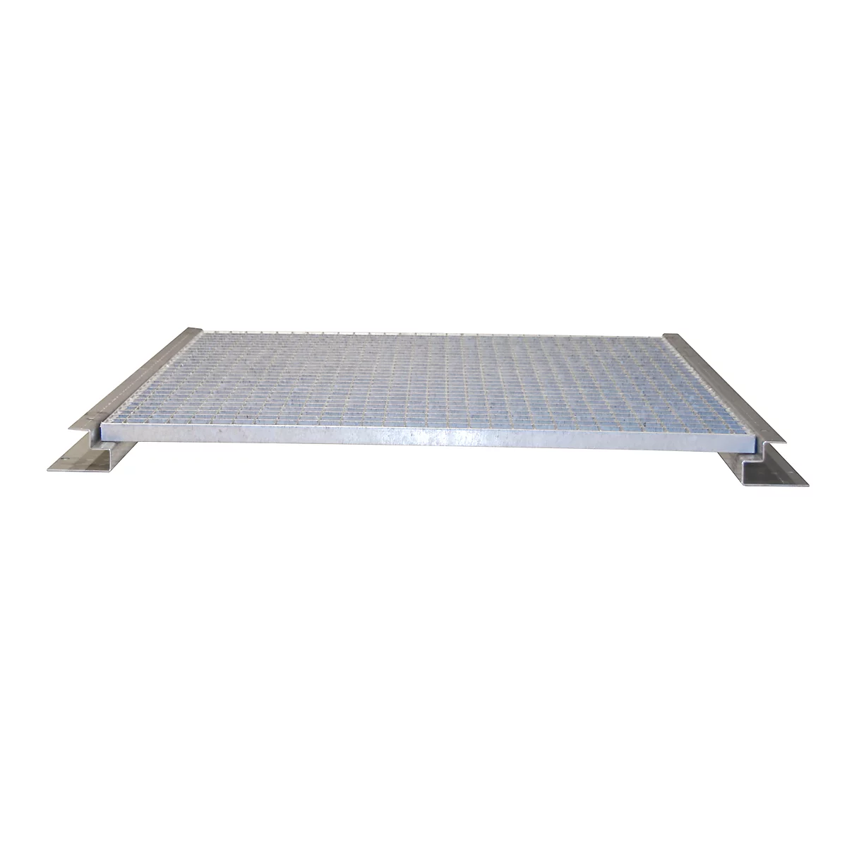 Gray metal platform with a grid pattern, mounted on supports.
