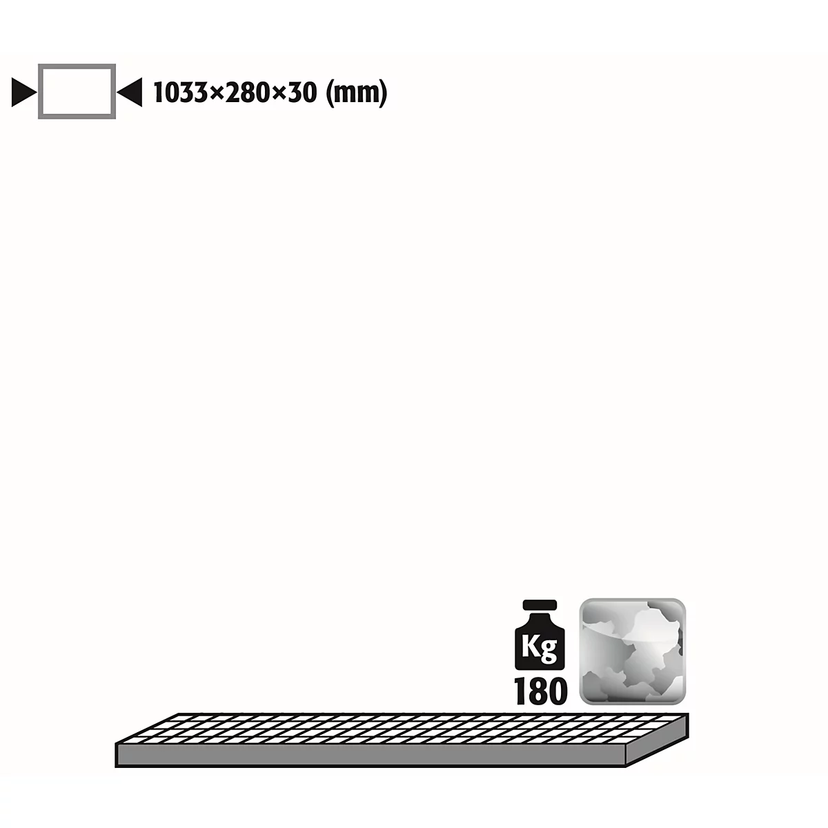 Gray grid plate; dimensions: 1033x280x30 mm. Weight: 180 kg. Symbol for stones.