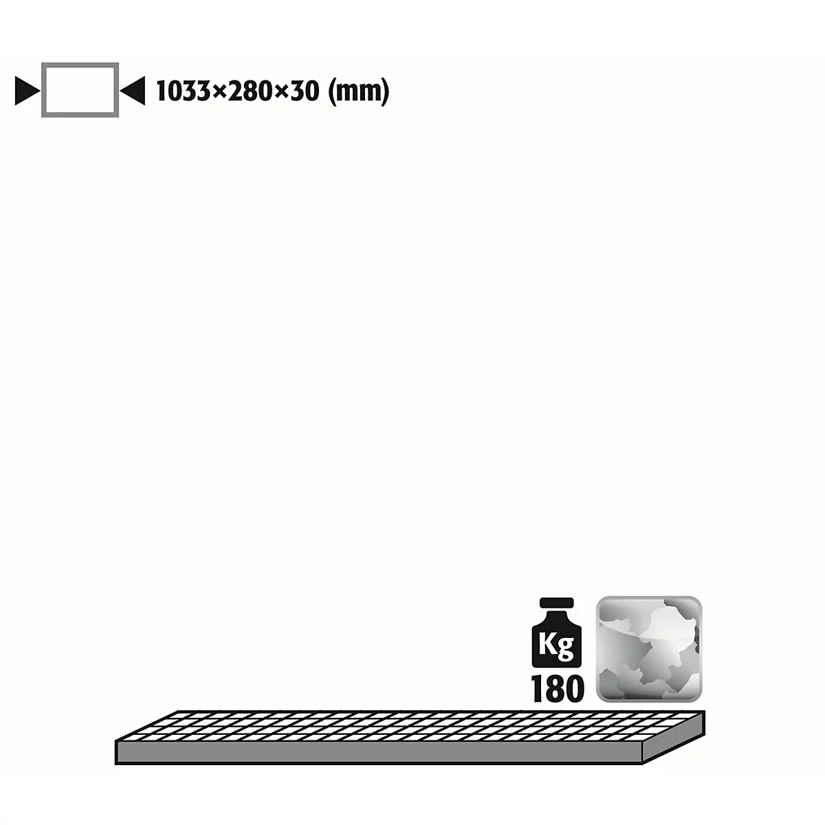 Top view of a grid grate, next to it information about dimensions and weight. A symbol for the load capacity at the bottom right.