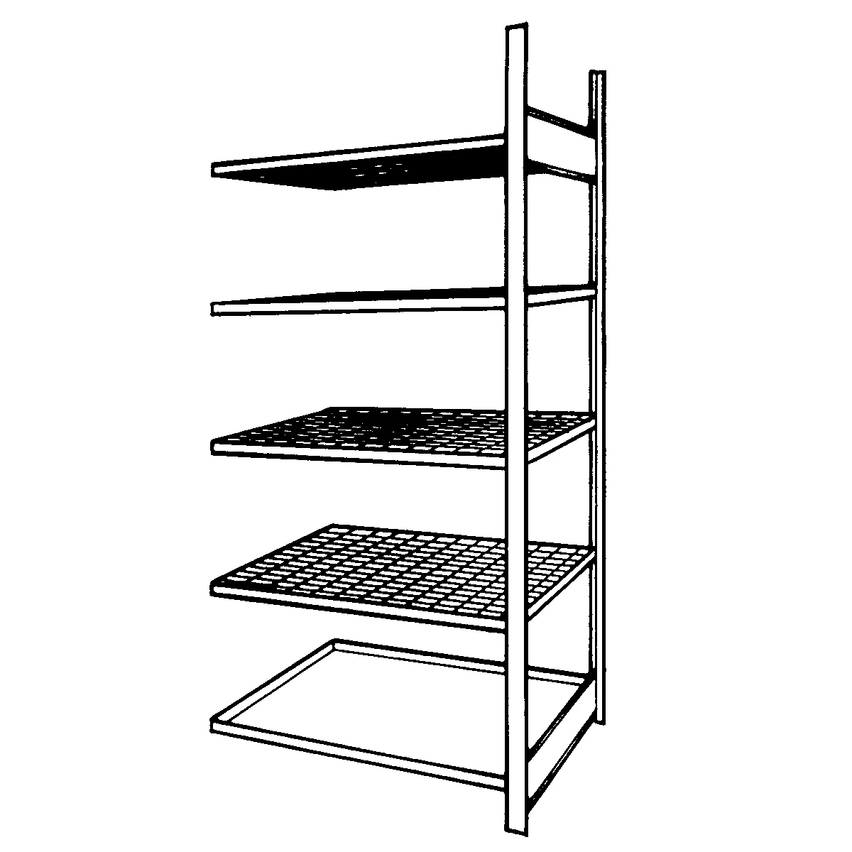 Top view of a multi-tiered shelf with metal grids. The empty shelves are outlined in white.