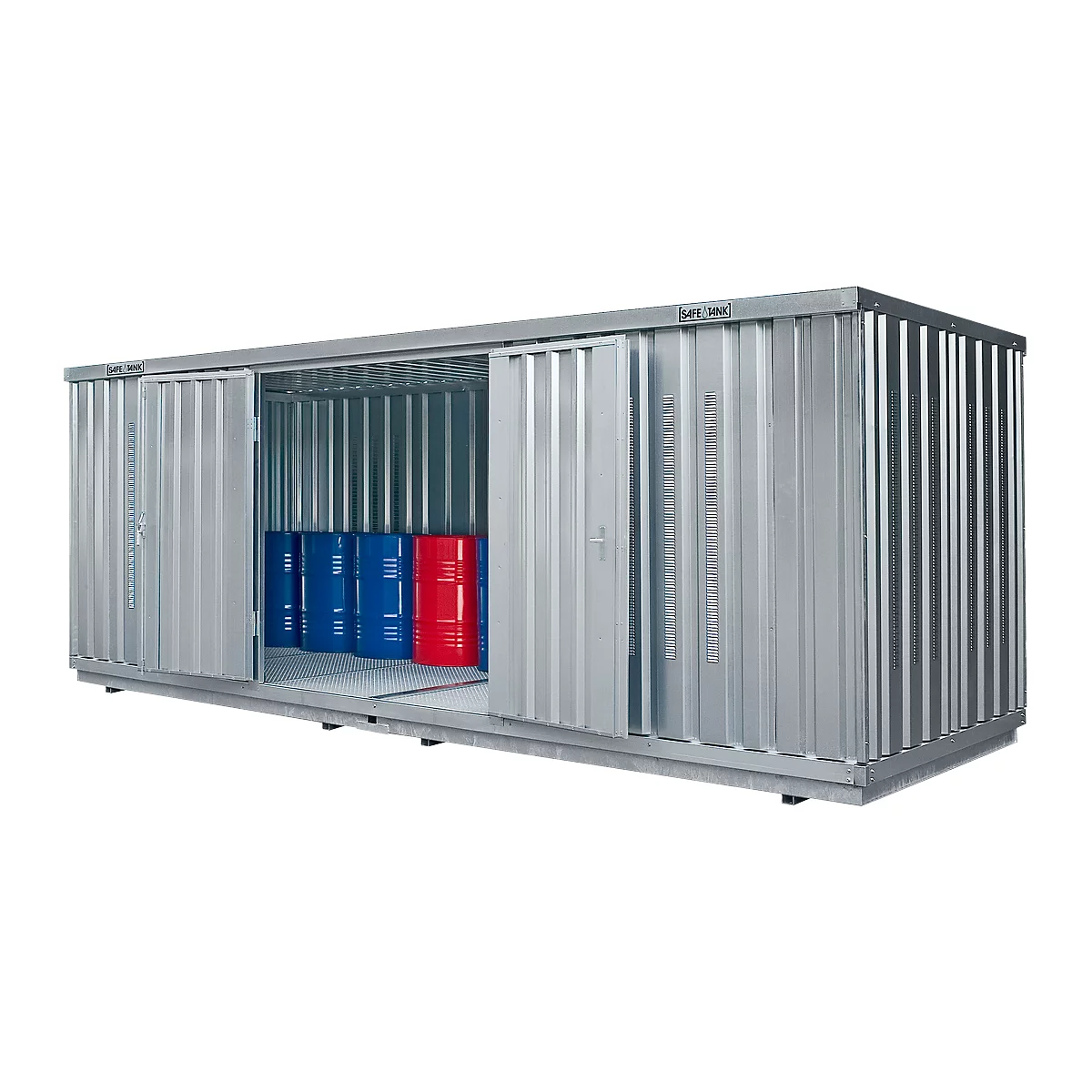 Silver storage hall with blue and red barrels, doors open.