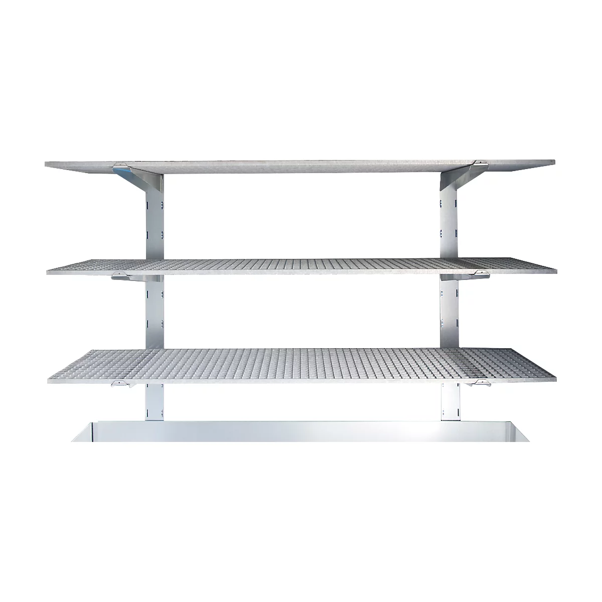 Metal rack with three levels and a hole pattern, painted white. The brackets are attached to the wall.