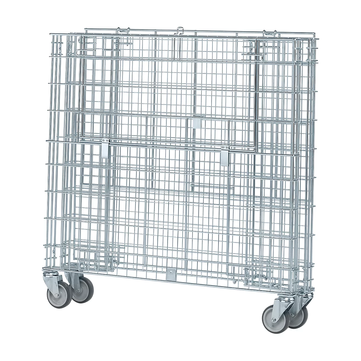 Silver wire mesh basket on wheels. The grid is rectangular with folding function. It stands on four wheels.