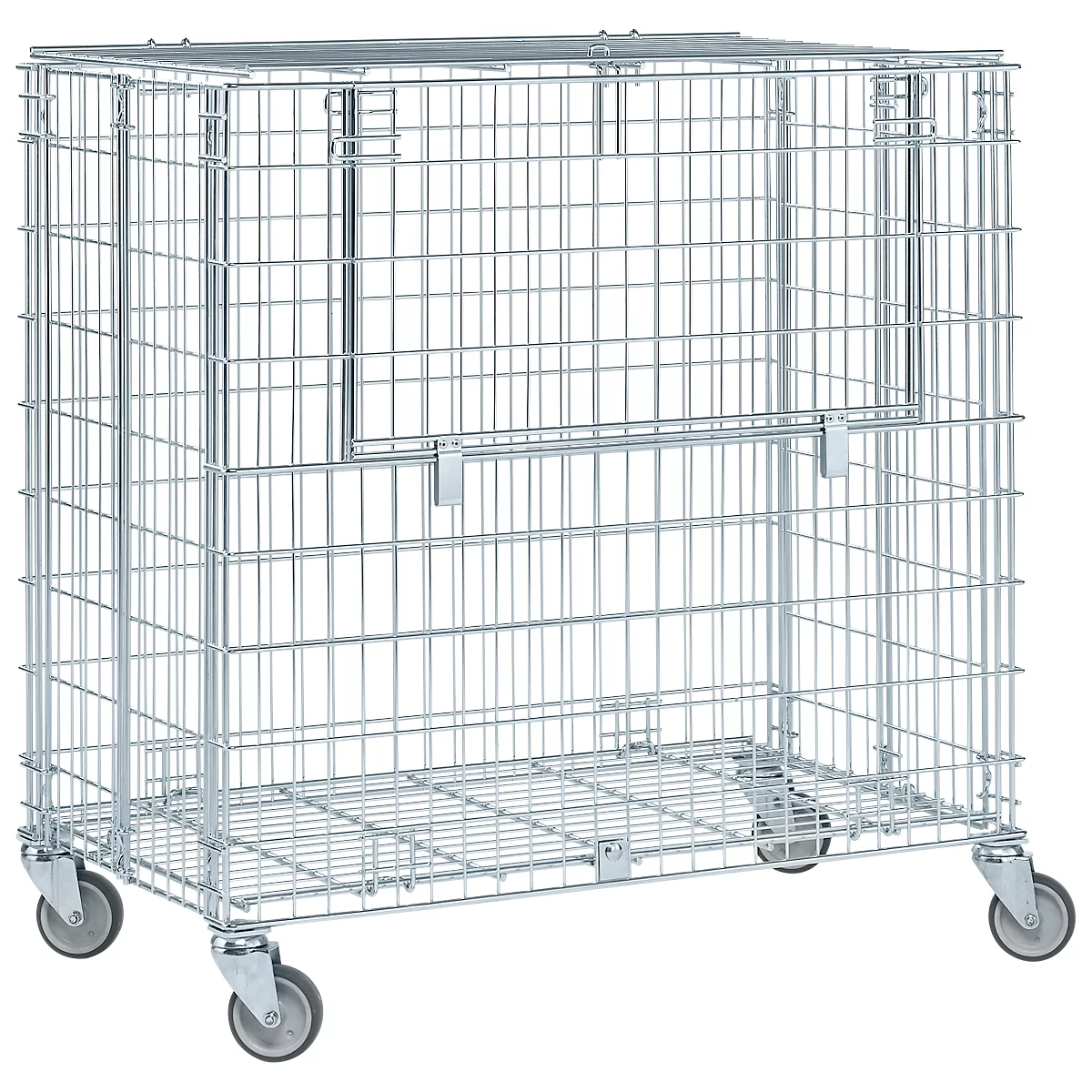 A wire mesh cart with wheels, made of metal, with a folding door.