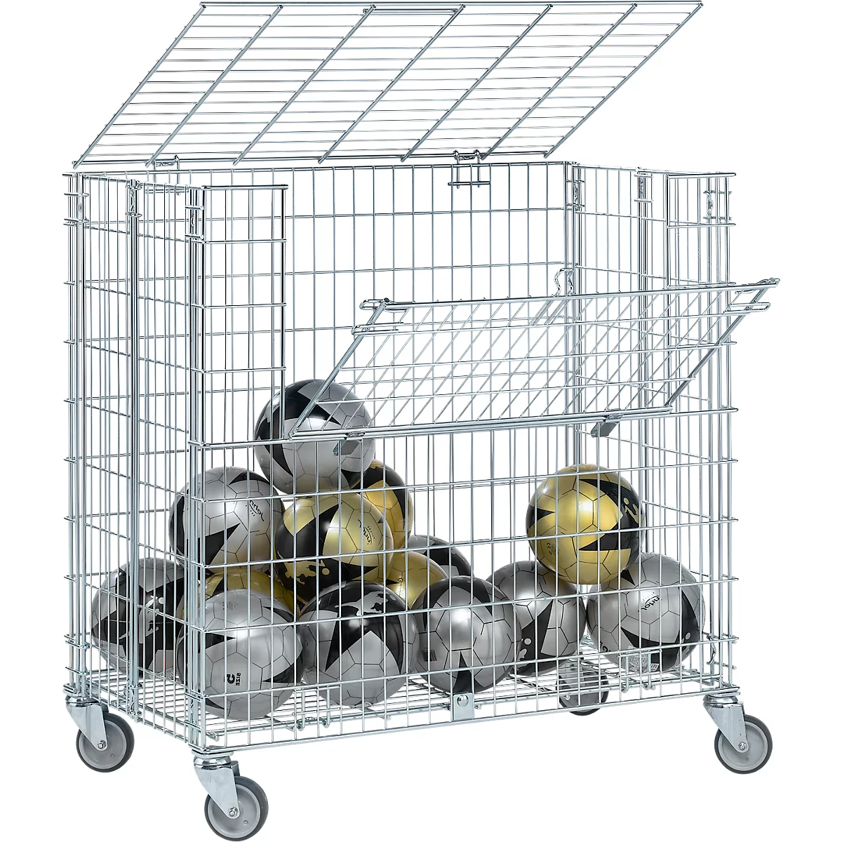 Metal basket with soccer balls. The lid and one side are open. Gray, silver and gold balls are inside.