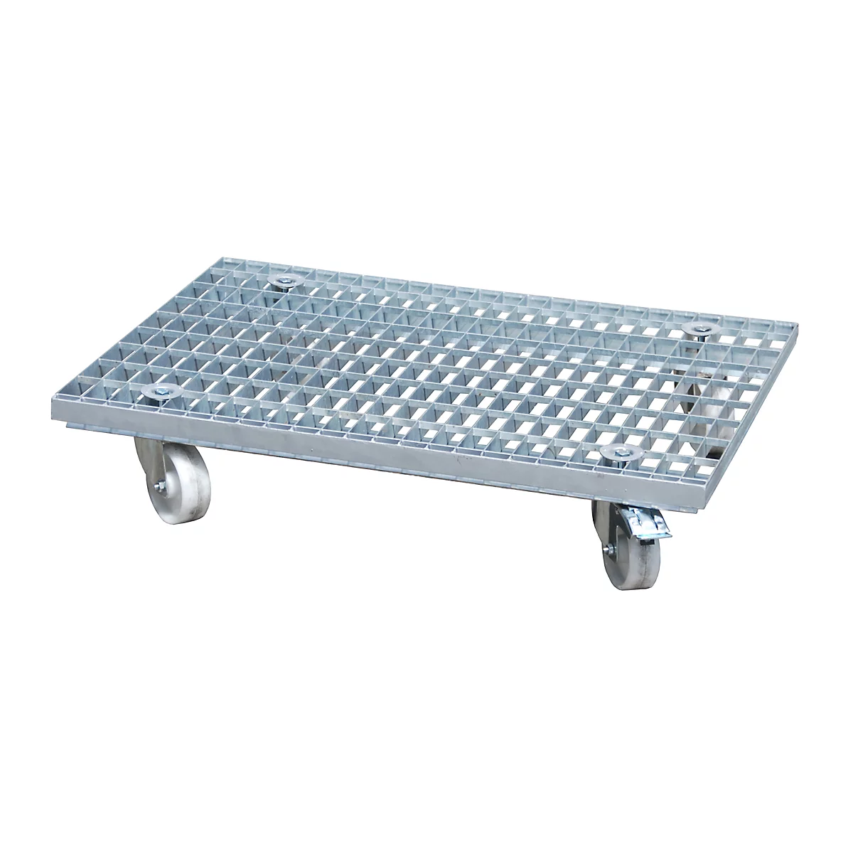 Grid cart with castors. A rectangular metal plate with square openings, supported by four castors.