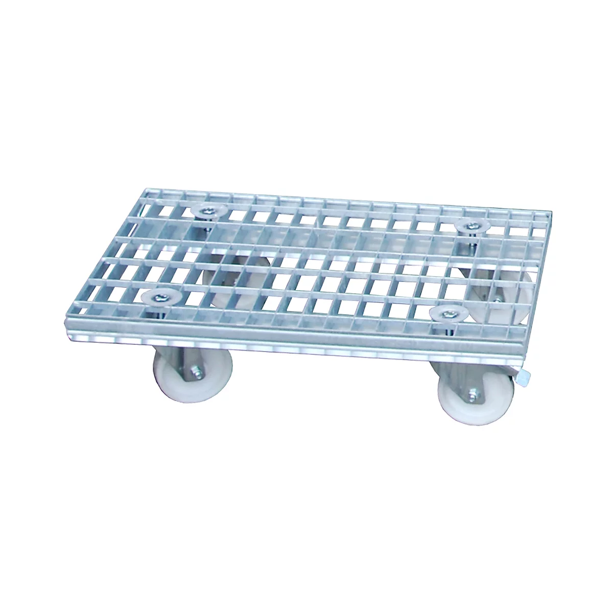 Grey, rolling grid pallet, top view. Two wheels on each side.