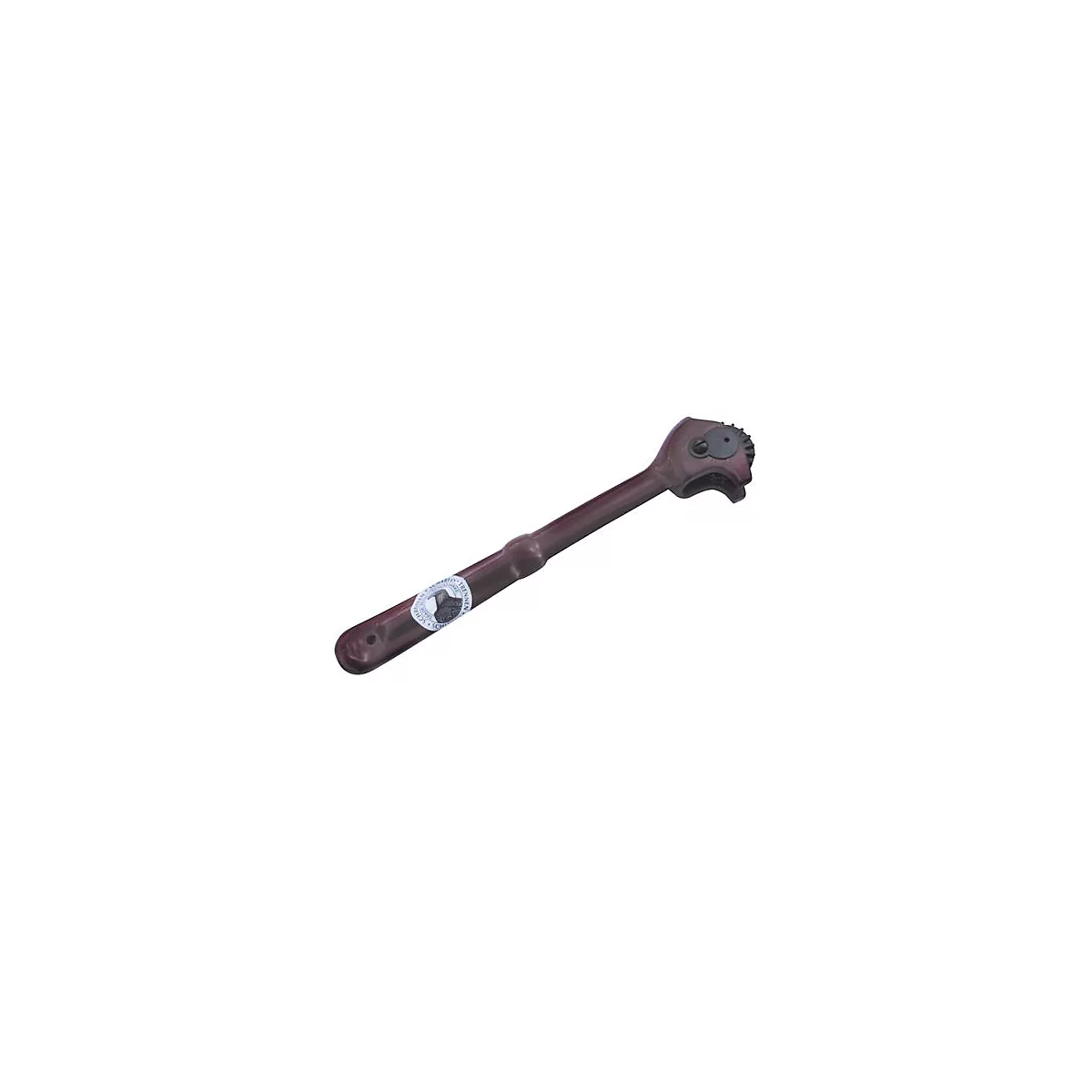 Maroon-colored, curved pipe cutter. A sticker on the shaft. A gear on the head.