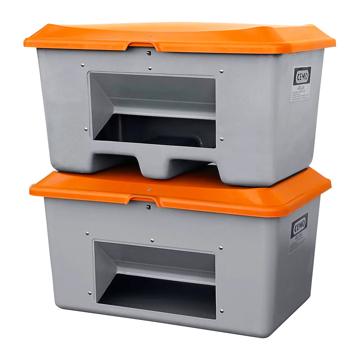 Two gray plastic containers with orange lids, stacked on top of each other. Each container has a rectangular cutout.