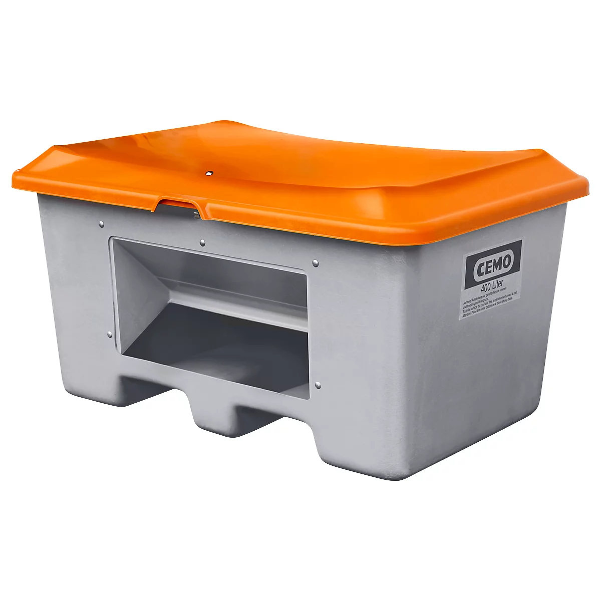 Grey trough with orange lid. The lettering "CEMO" can be seen on the side.