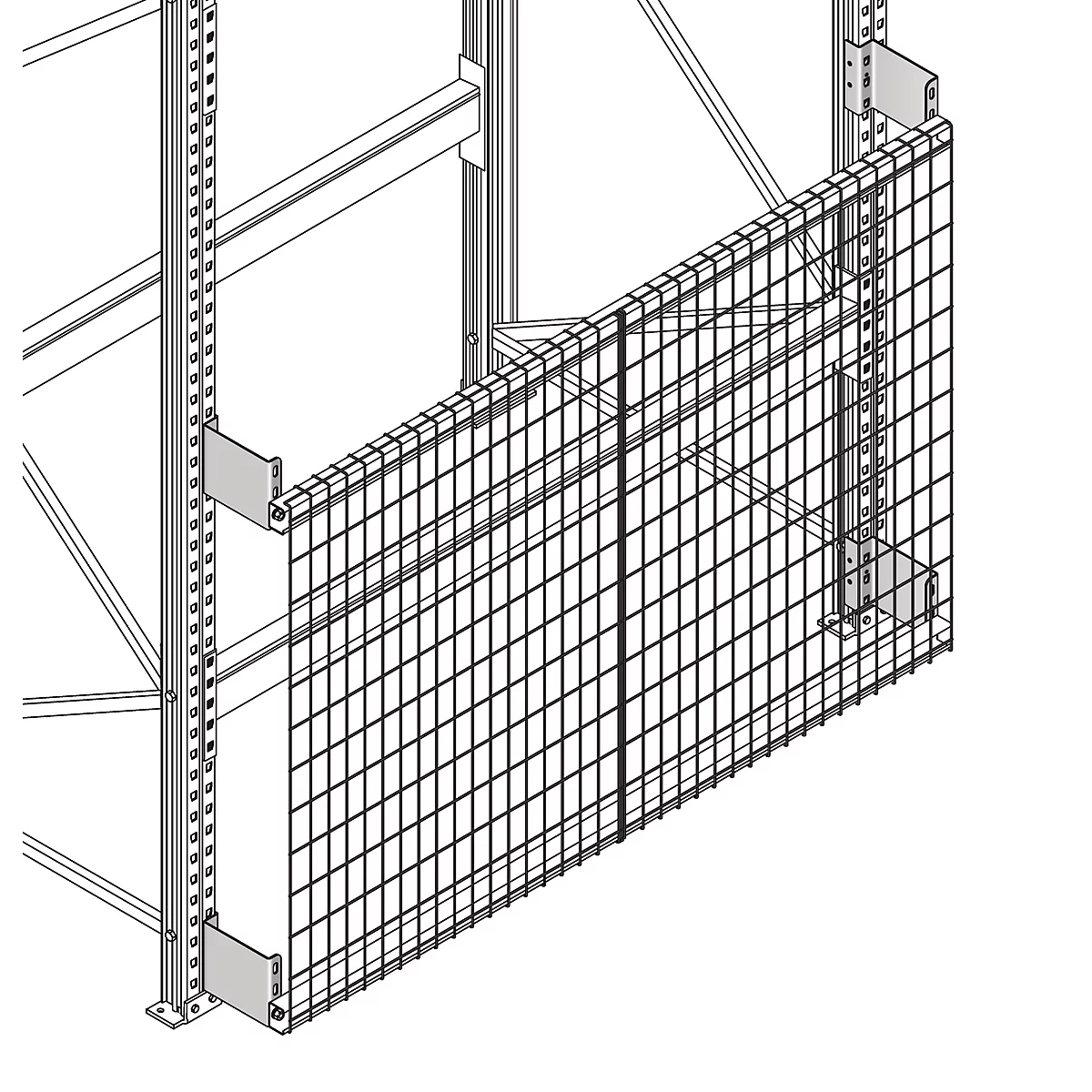 Metal grid protecting shelf. The grid is attached to a shelving system.