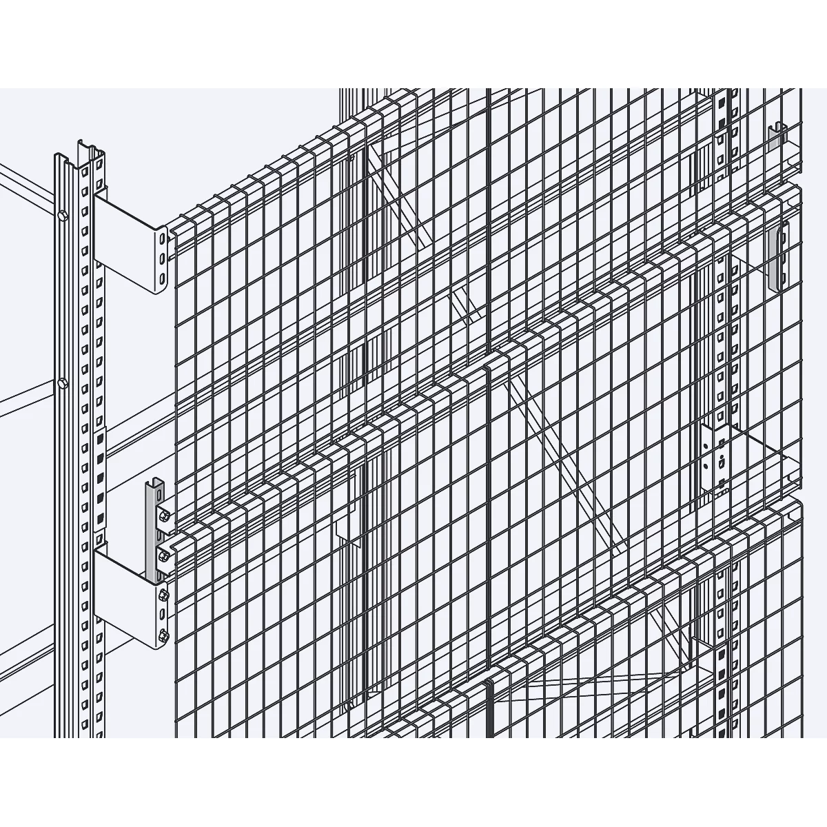 Detailed view of a wire mesh shelving, steel wire mesh with supports, perspective view.