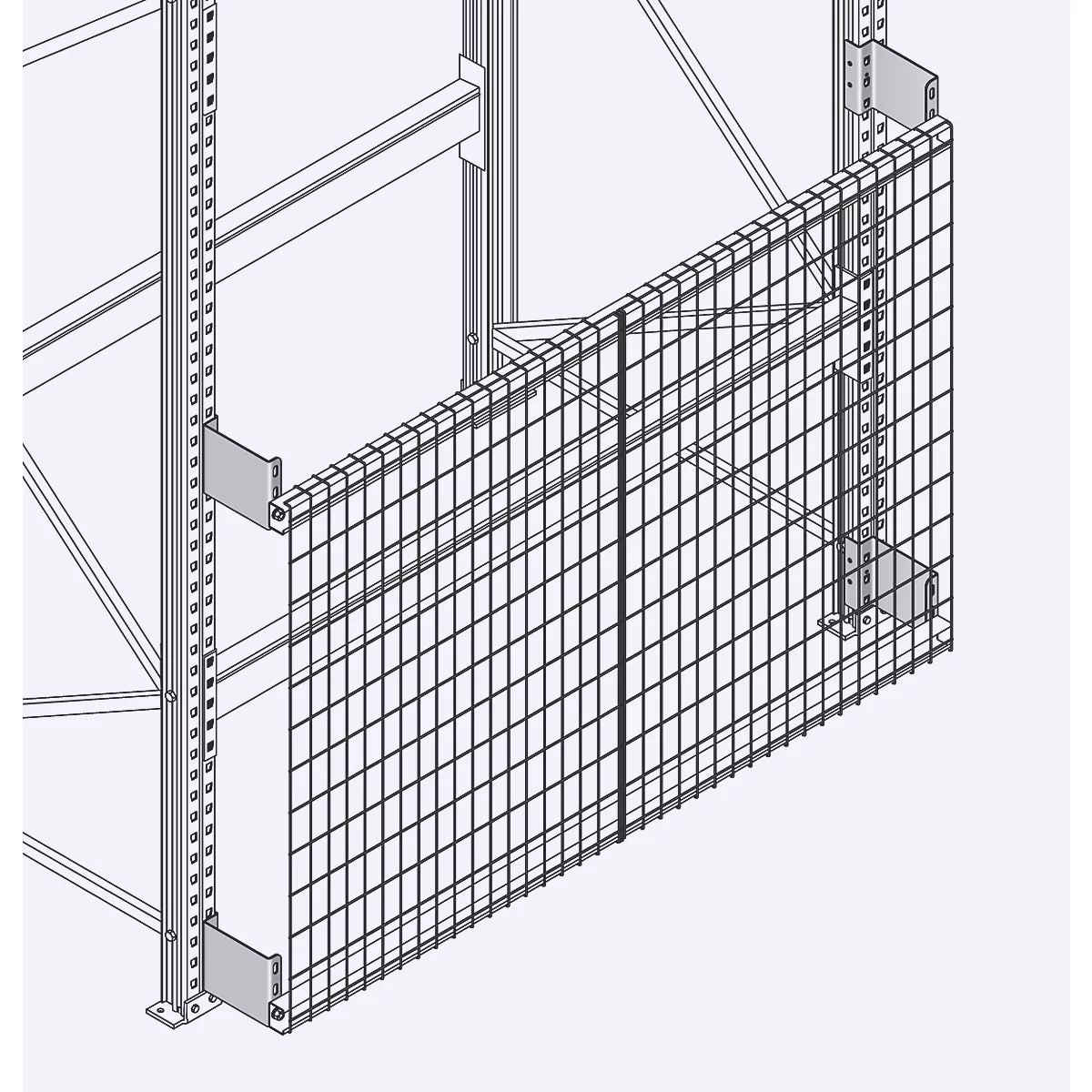 Wire mesh as shelf protection, perspective view. Grid attached to metal frame.