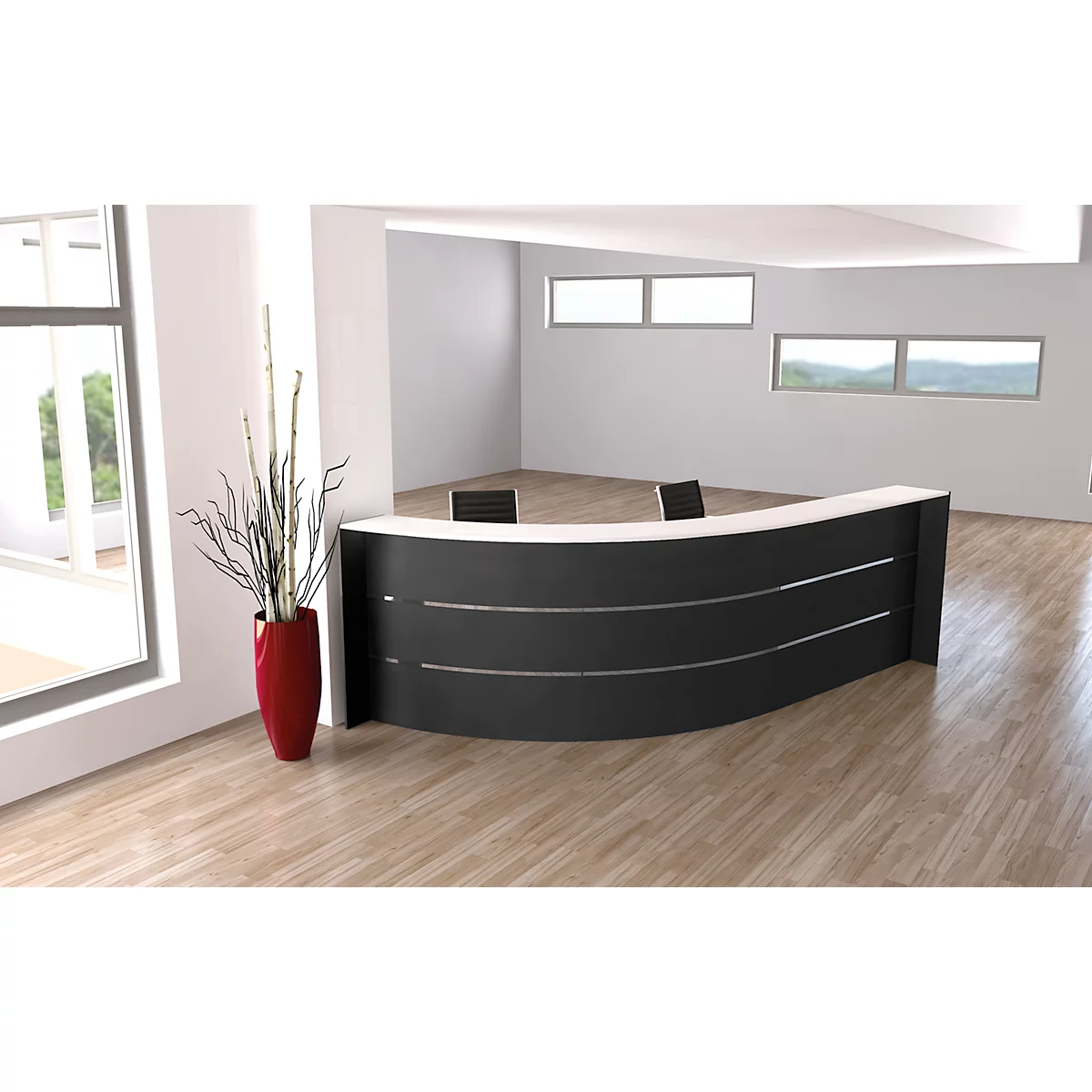 Große Bogen-Empfangstheke Faro, mit Ablage und Seitenplatten, B 3320 x T 1800 x H 1120 mm, anthrazit/anthrazit