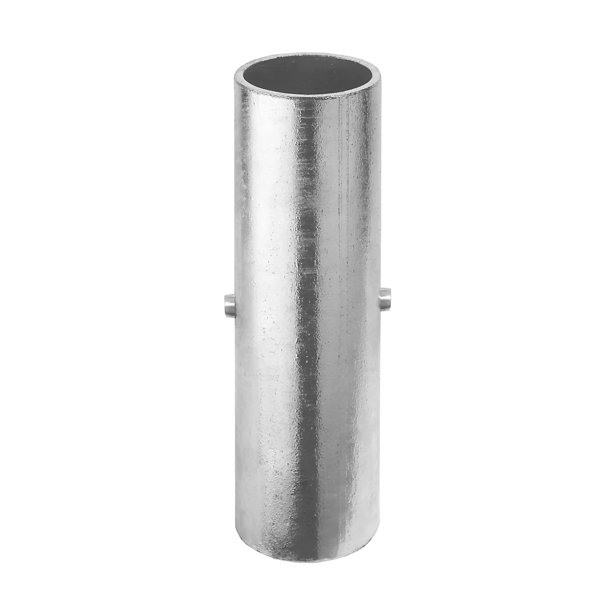 Cylindrical metal pipe with two side pins, open at one end.