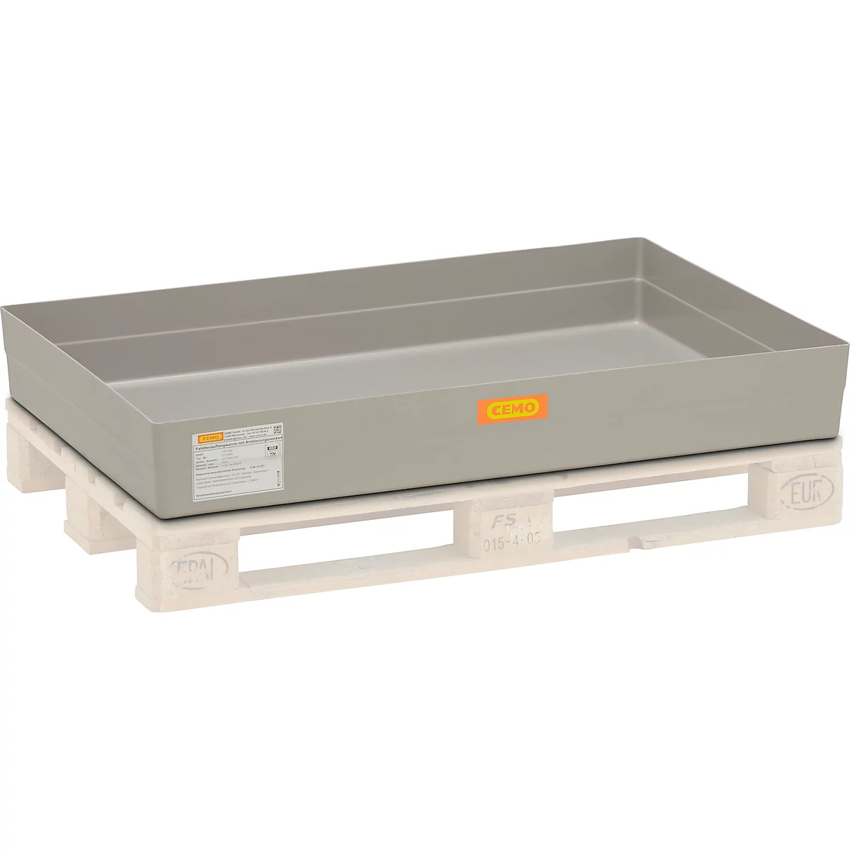Gray plastic tub on a Euro pallet. The tub has a rectangular base and a low edge. There is a yellow-orange sticker on the tub.