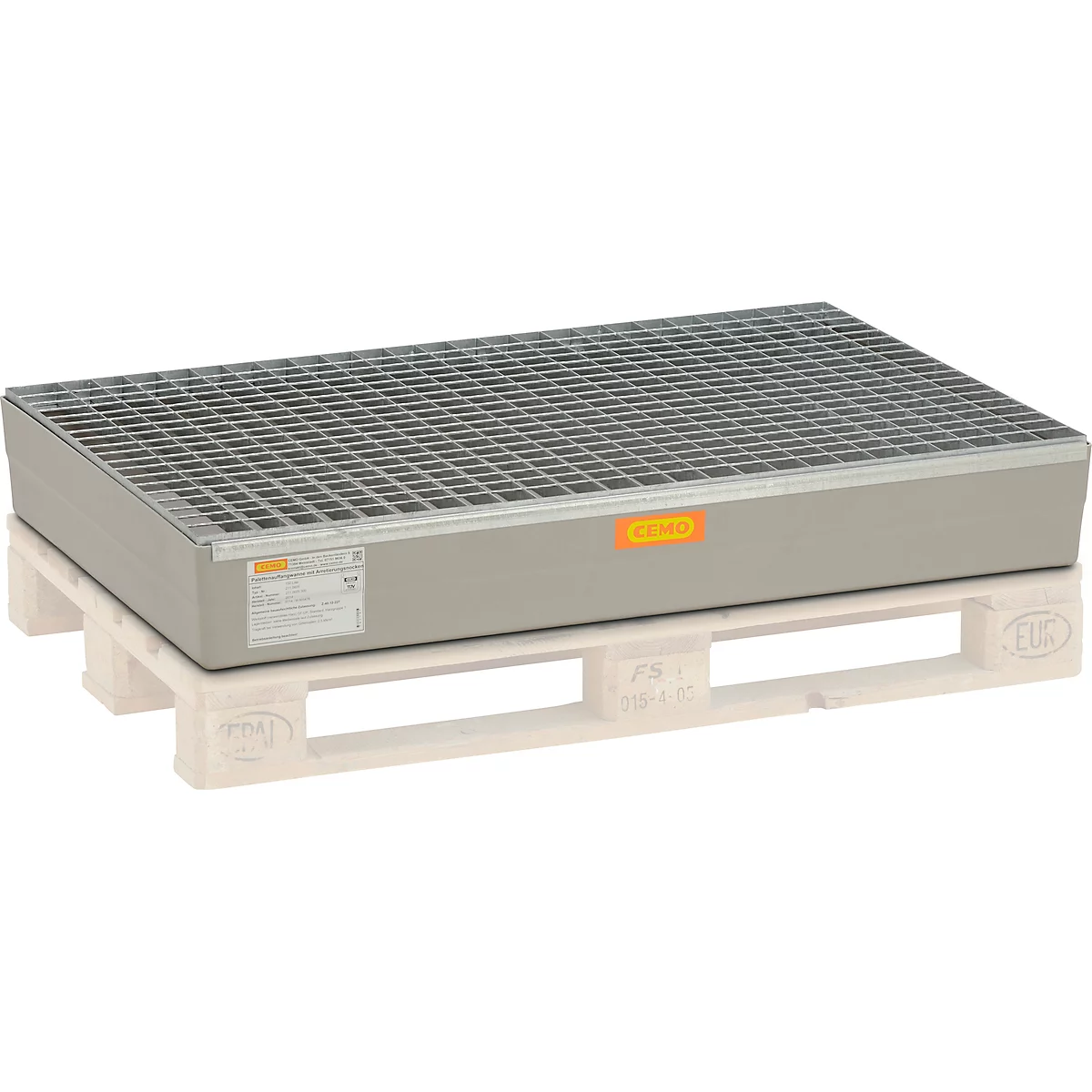 A gray steel tray with grating, placed on a light wooden pallet. The product has a yellow logo.