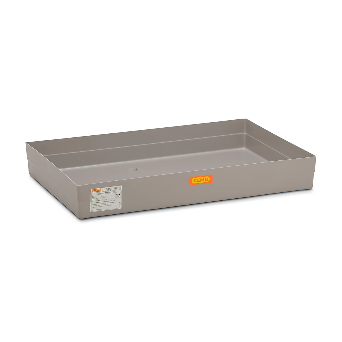 Rectangular gray plastic tray. On the side there is an orange sticker with lettering. Next to it a label.