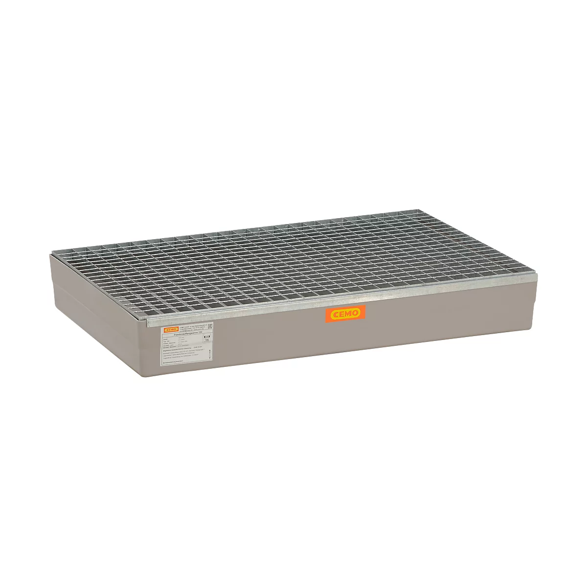 Rectangular, gray spill containment tray with grating. An orange sticker with text is on the side.