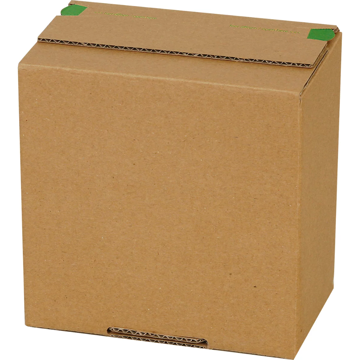 Cardboard box with green adhesive dots on top. Made of brown cardboard. Closed flap.