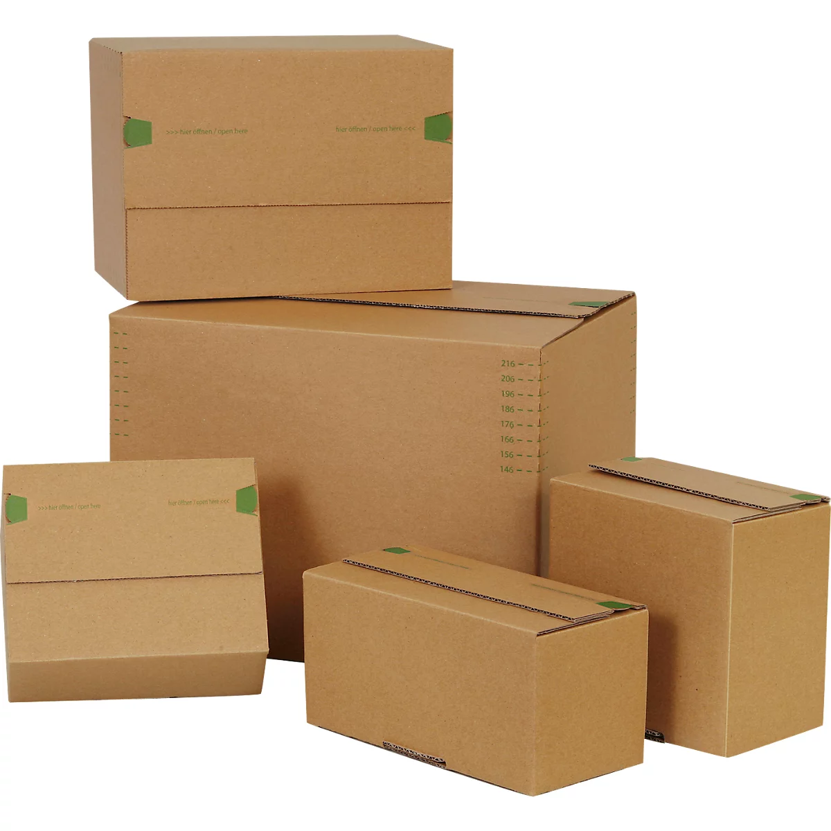 Several brown shipping boxes in different sizes, with green tape closures.