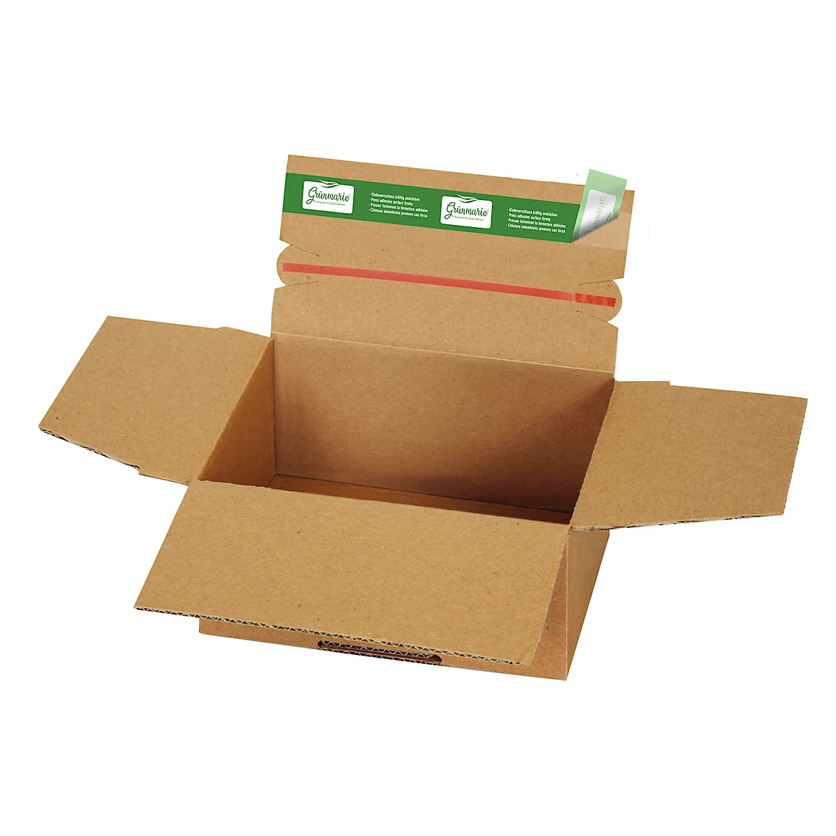 Opened brown cardboard box with green stickers with white text.