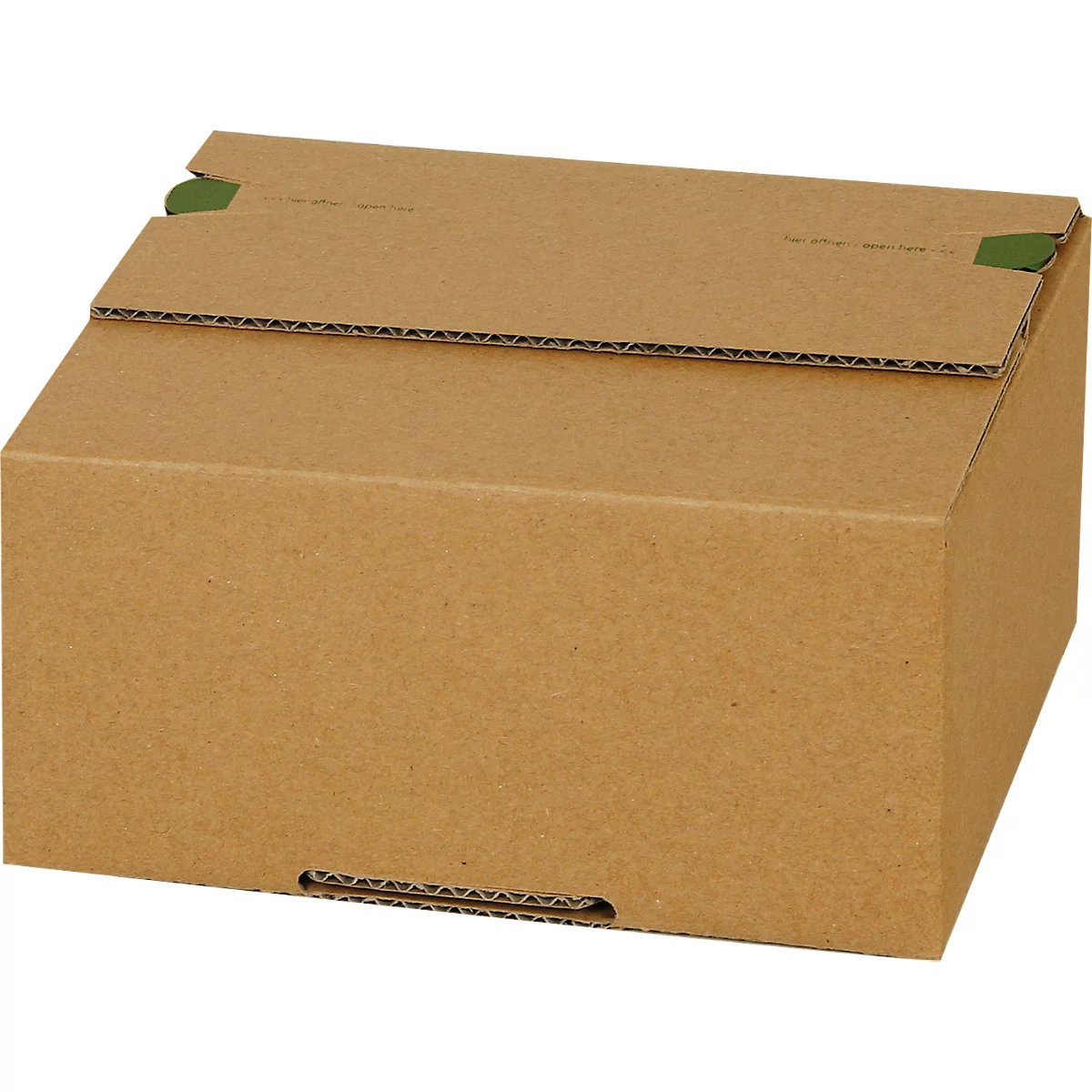 A rectangular box made of brown cardboard, with a lid that is slightly open. Green colored tapes secure the lid.