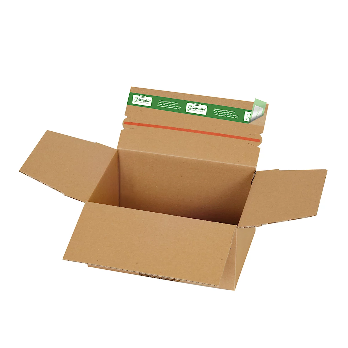 Open brown shipping box with green tape with logo. The box is in front of a white background.