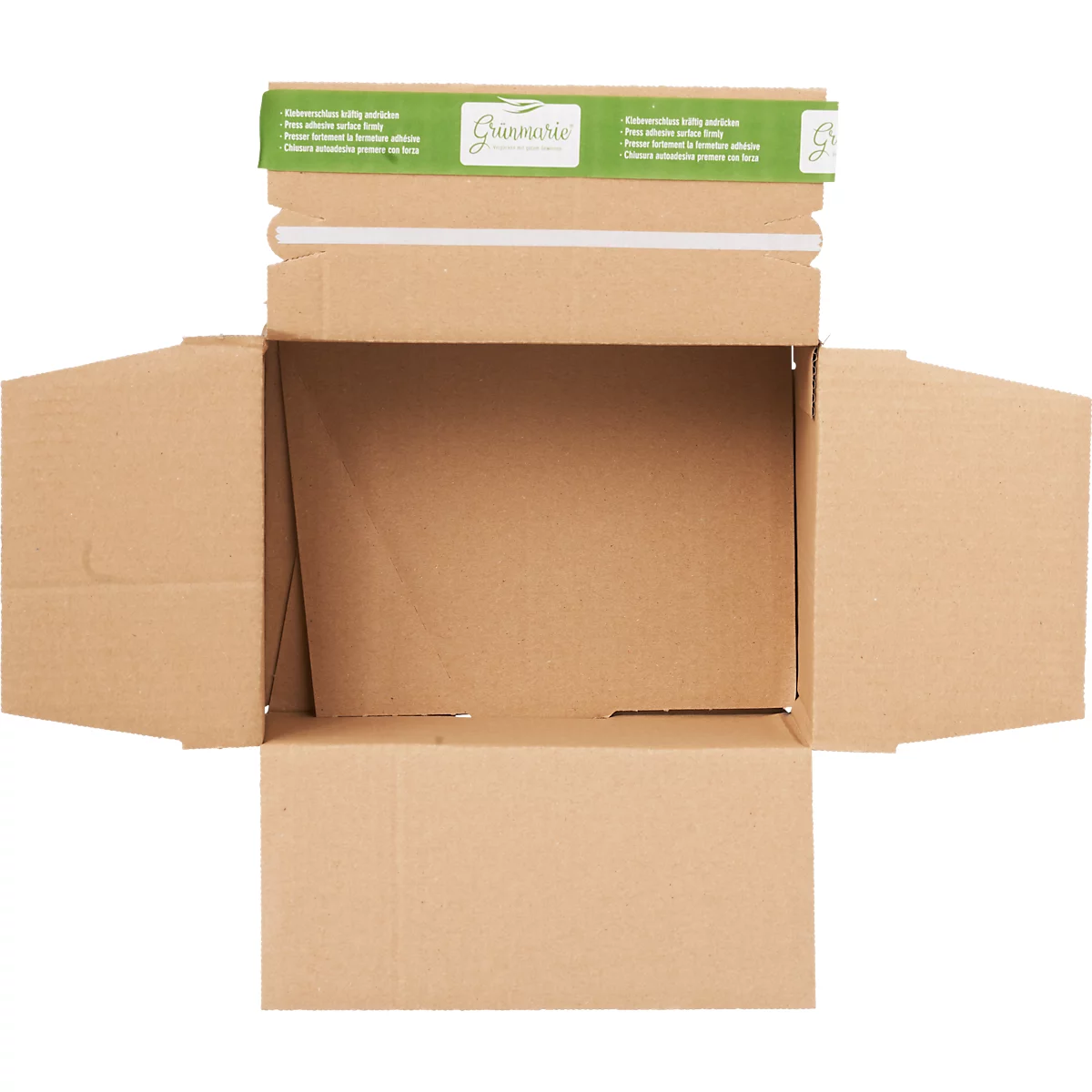 Open cardboard box, brown, green top with white text, flaps are open.