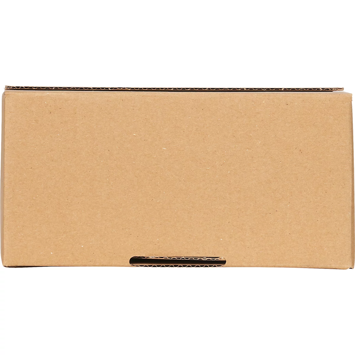Top view of a closed brown cardboard box with a rectangular recess.
