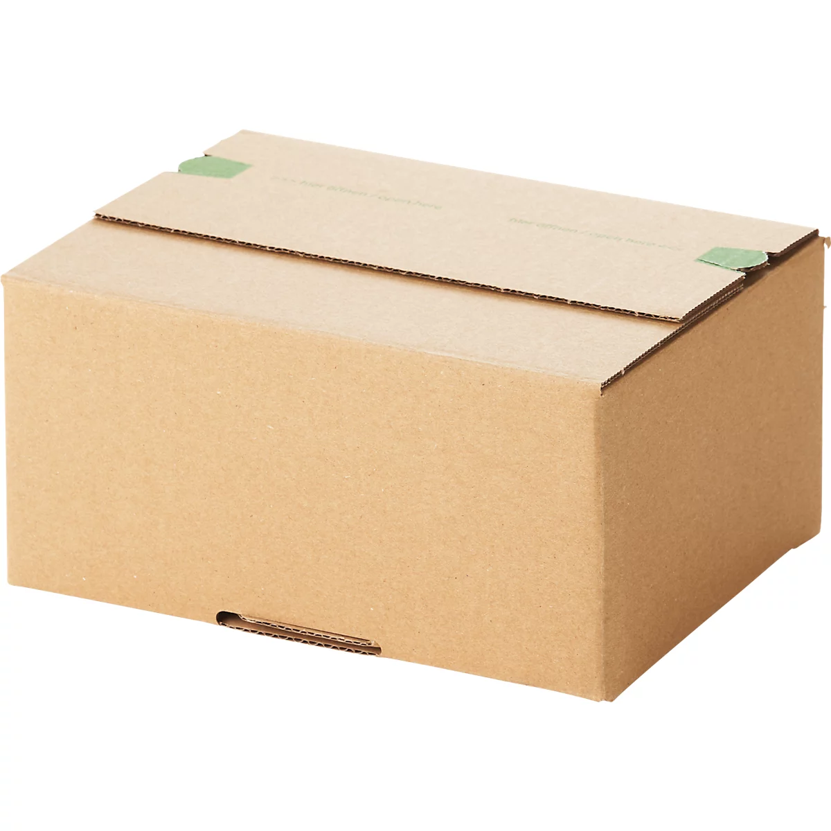 Cardboard box with open lid. Lid secured with green tape.